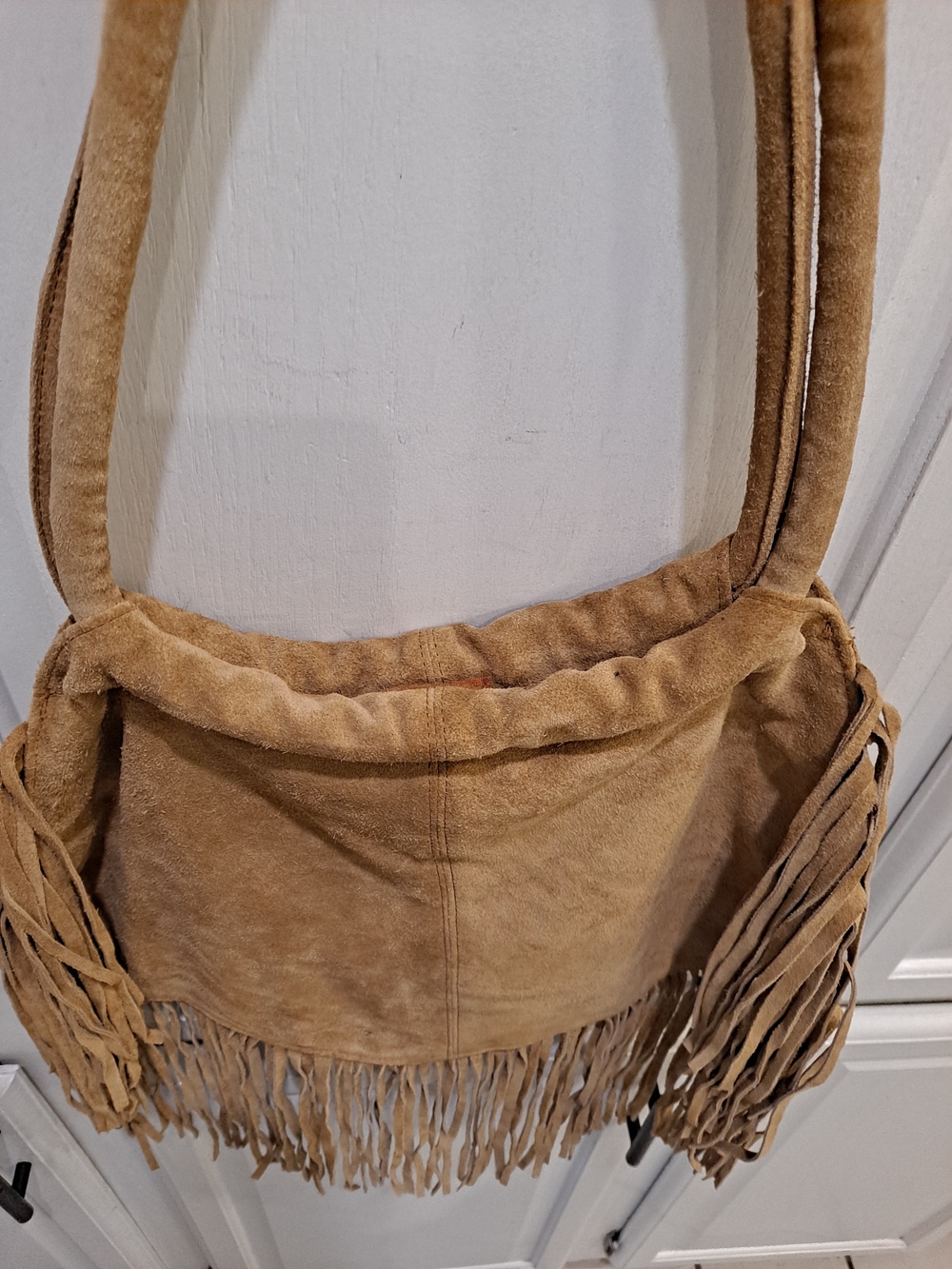 Newport News Easy Style Vintage Tan Suede Fringe Shoulder Bag Boho Saddlebag - Picture 2 of 11